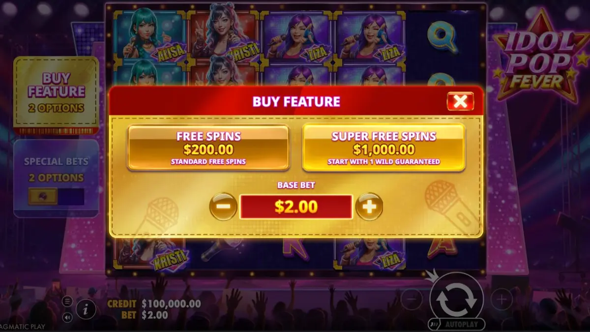 Interface do jogo de slot Idol Pop Fever com luzes neon e personagens estilo anime